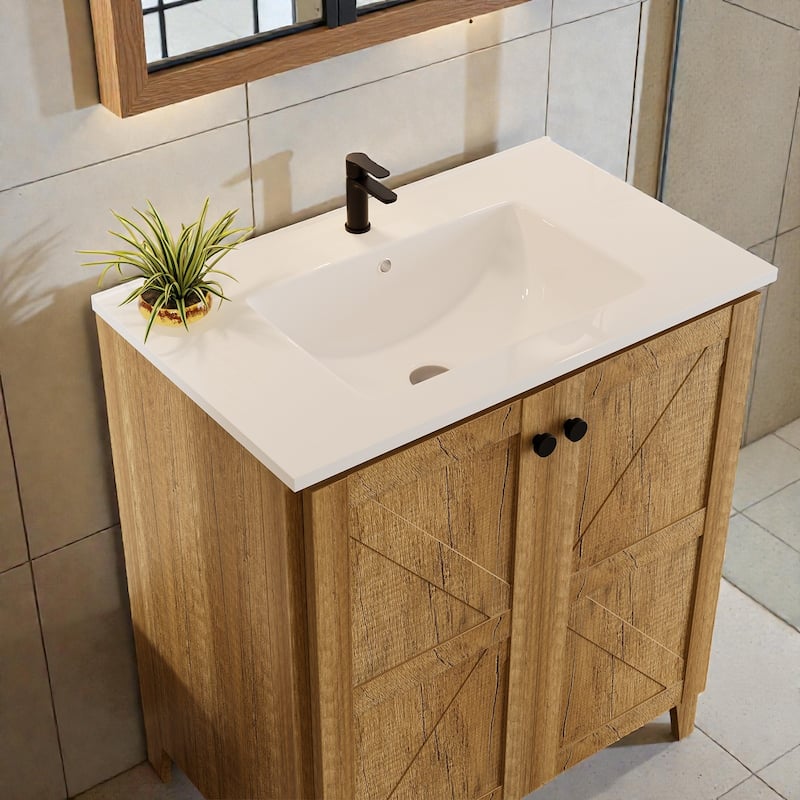30 Inch Folding Bathroom Floor Cabinet with Ceramic Sink, 1-Minute Tool-Free Install, Space-Saving Freestanding Vanity