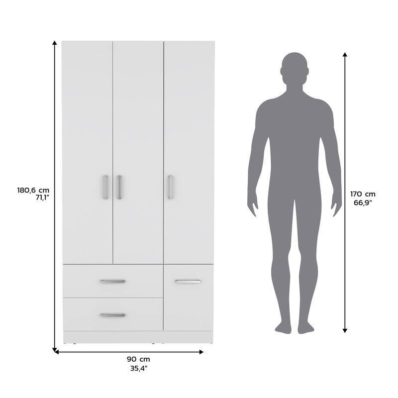 18.7" Modern Four-door Armoire with Hanging Rod, Two Drawers and 6 Shelves