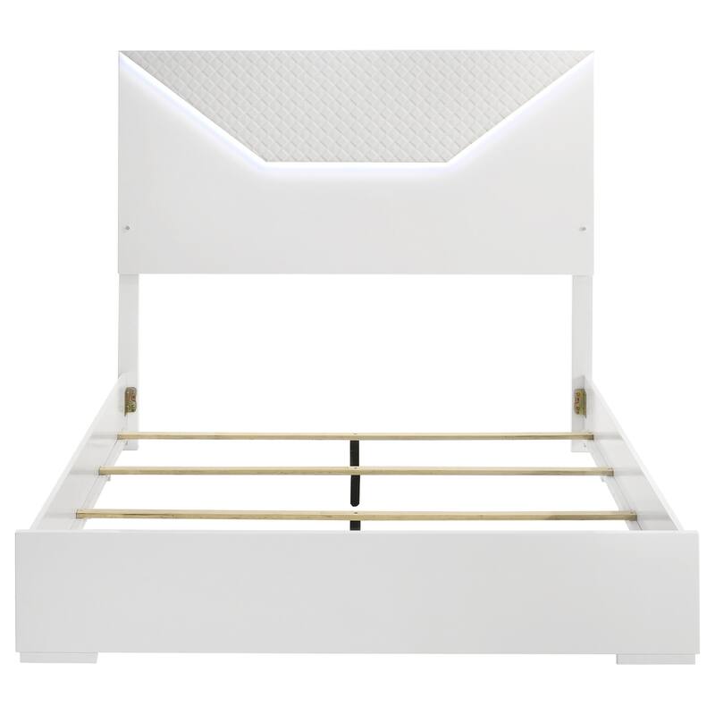 White High Gloss Queen Panel Bed with LED Headboard and Diamond Texture
