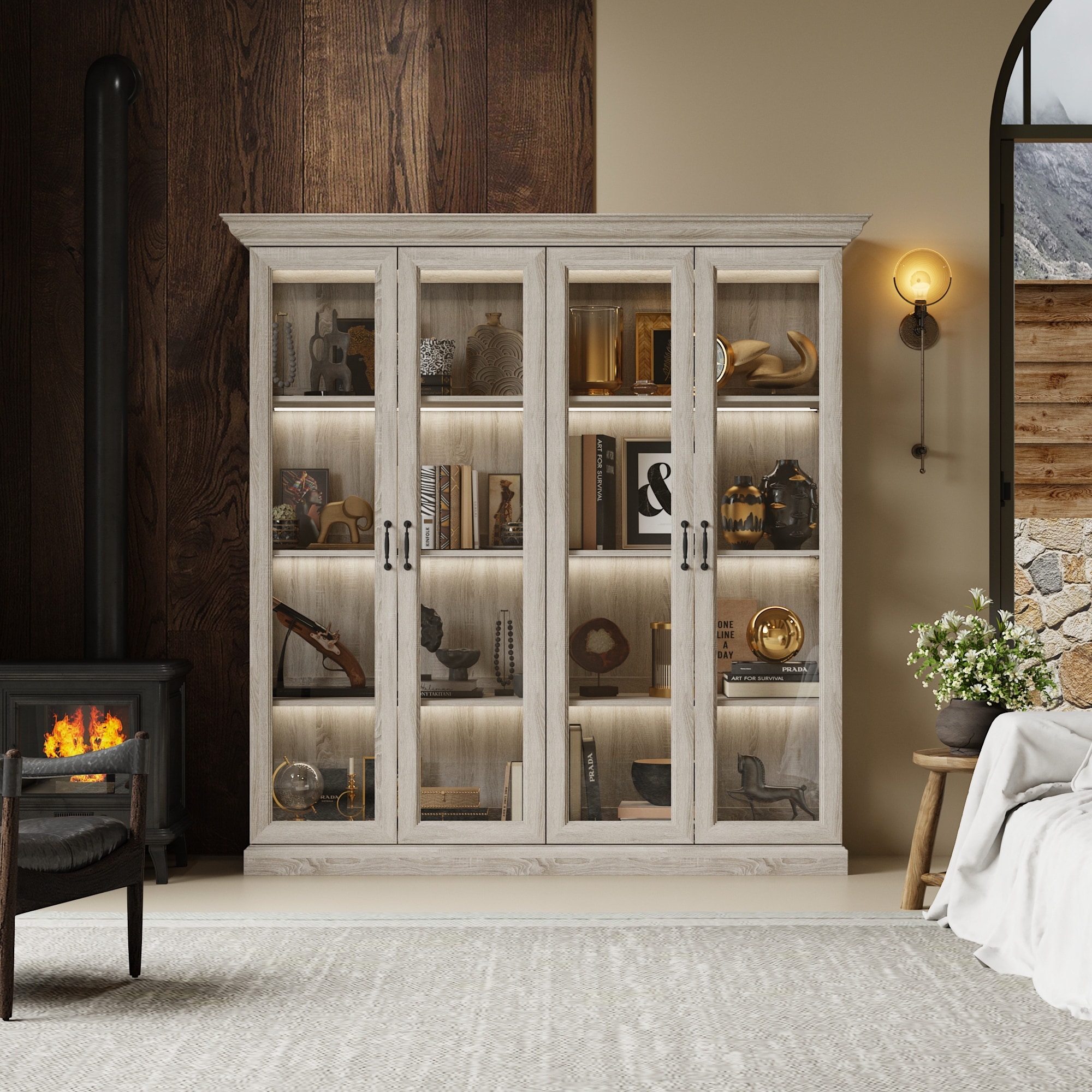 Glass Display Cabinet w/Light Tempered Glass Rustic Gray Oak