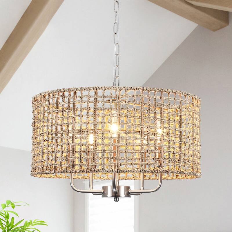 5-Light 18.89-inch Rattan Drum Chandelier for Living Room Kitchen - Nickel