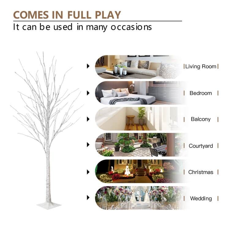 3 Piece Lighted Trees and Branches Set, Christmas Holiday Party Decorations Pre-Lit White Birch Tree LED Lighted Trees