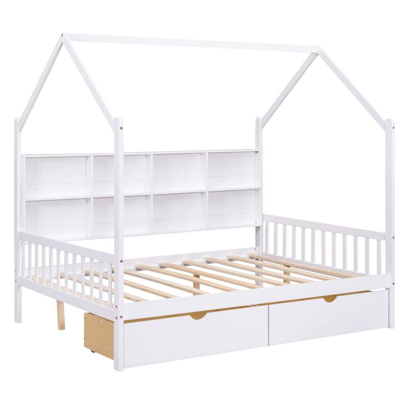 77.5" Length Wooden House Bed with 2 Drawers,Kids Bed with Storage Shelf