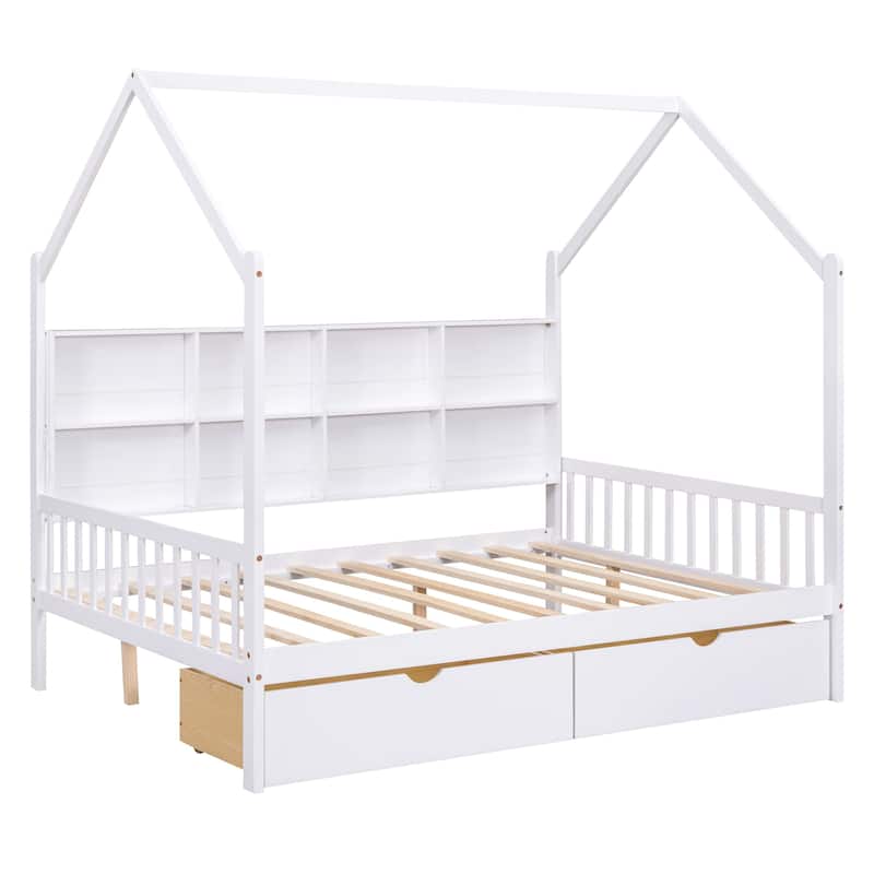 Wooden Full Size House Bed with 2 Drawers, Kids Bed with Storage Shelf ...