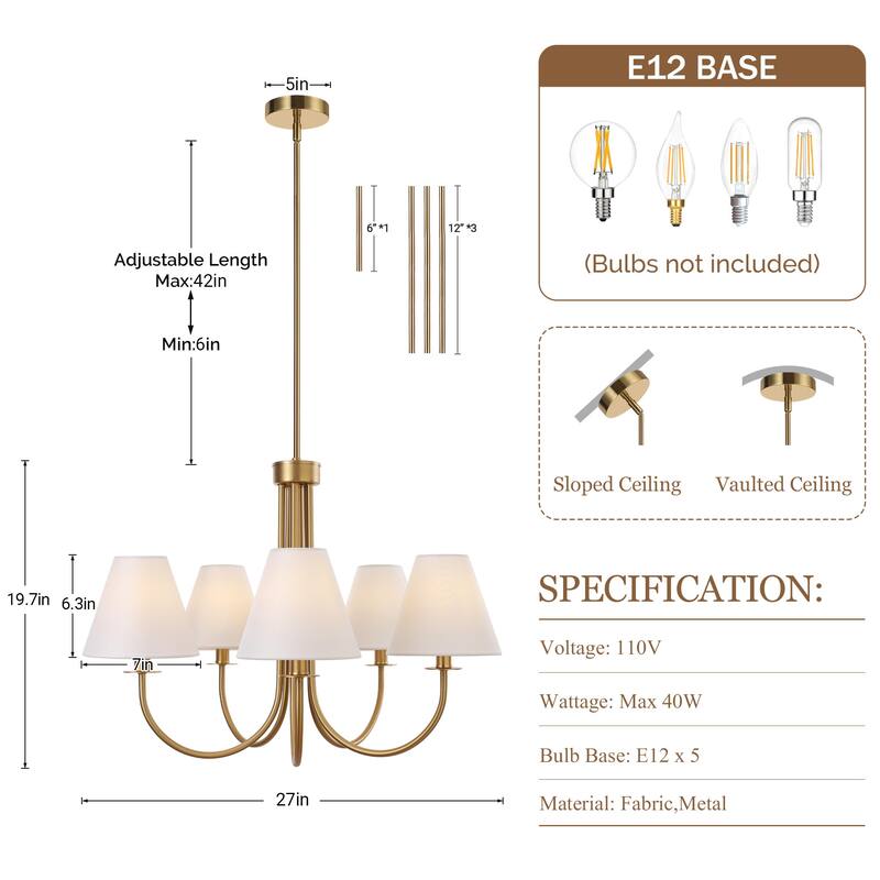 Farmhouse Wheel Chandelier Mid-century Pendant Fixture with Fabric Shades for Interior Lighting