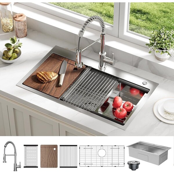 30inch Drop-In Single Bowl Sink with Accessories, Modern Top Mount