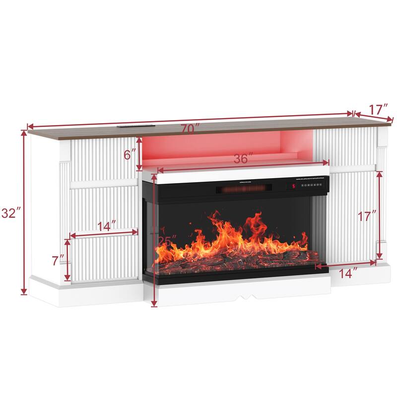 69" Fireplace TV Stand with Electric Fireplace, Modern Entertainment Center with LED Lights for TVs up to 80", White