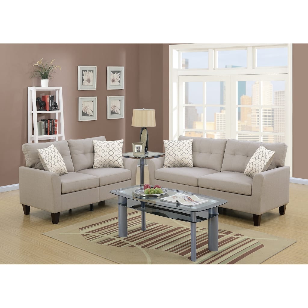 2pc Beige Sofa Set with Plywood Base and Solid Pine Frame