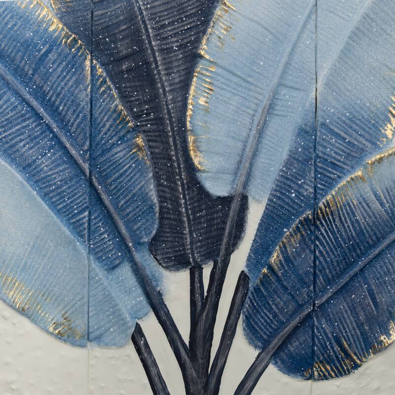 Blue Metal Leaf Palm Tree Home Wall Decor with Gold Foil Accents and White Speckled Details