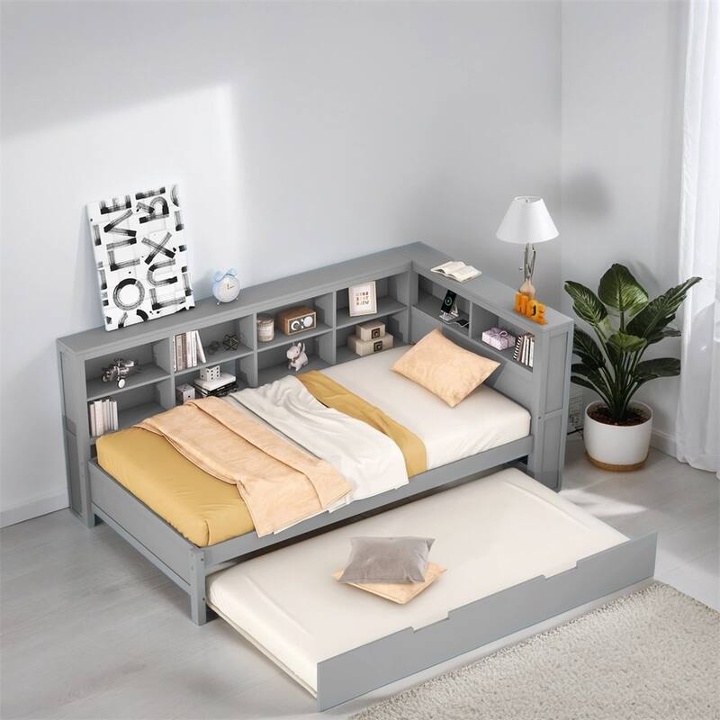 Wooden DayBed w/Trundle,DayBed w/Storage Shelf&USB Charging,Frame bed
