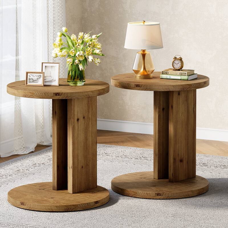19.68" Round C-Shaped Solid Wood Nightstand
