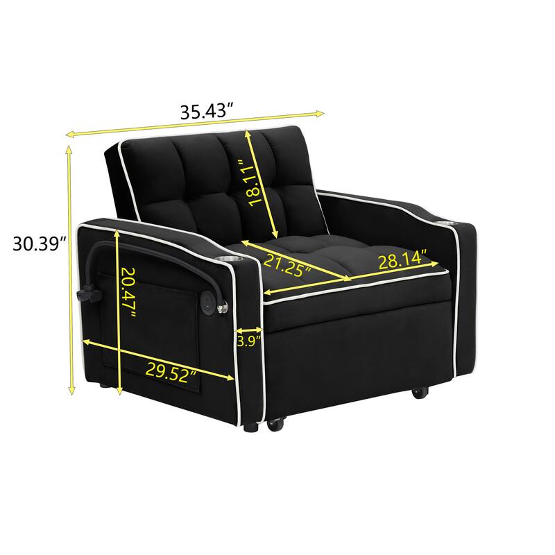 foldable sofa bed , modern sofa sofa velvet pull-out bed, adjustable back and with USB port and ashtray and swivel phone stand