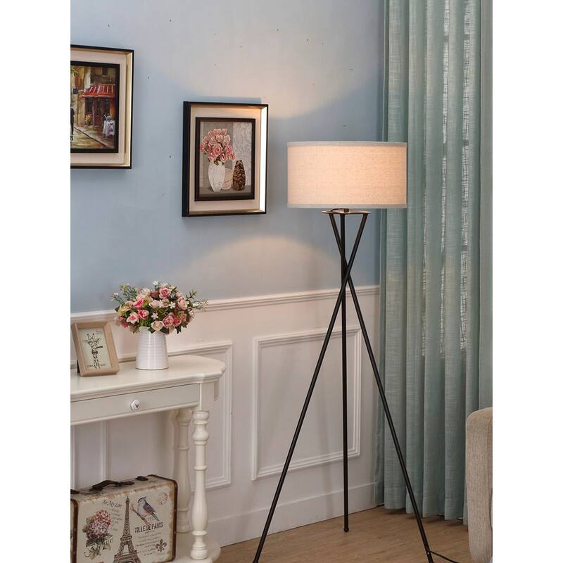 Brightech Jaxon 60 in. Classic Black Mid-Century Modern LED Super Bright Floor Lamp with Beige Fabric Drum Shade