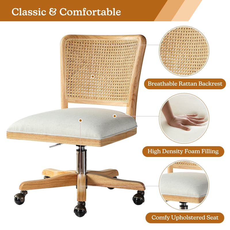 Calcutta Modern Rattan Back Task Chair Office chair with Solid Wood Legs by HULALA HOME