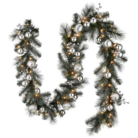9 ft. Frosted Silver Pine Garland with Clear Lights - Green - 9ft