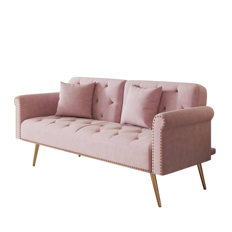 69.7" Velvet Sofa Bed with Nailhead Trim & Pillow - Modern 2-Seater Sleeper