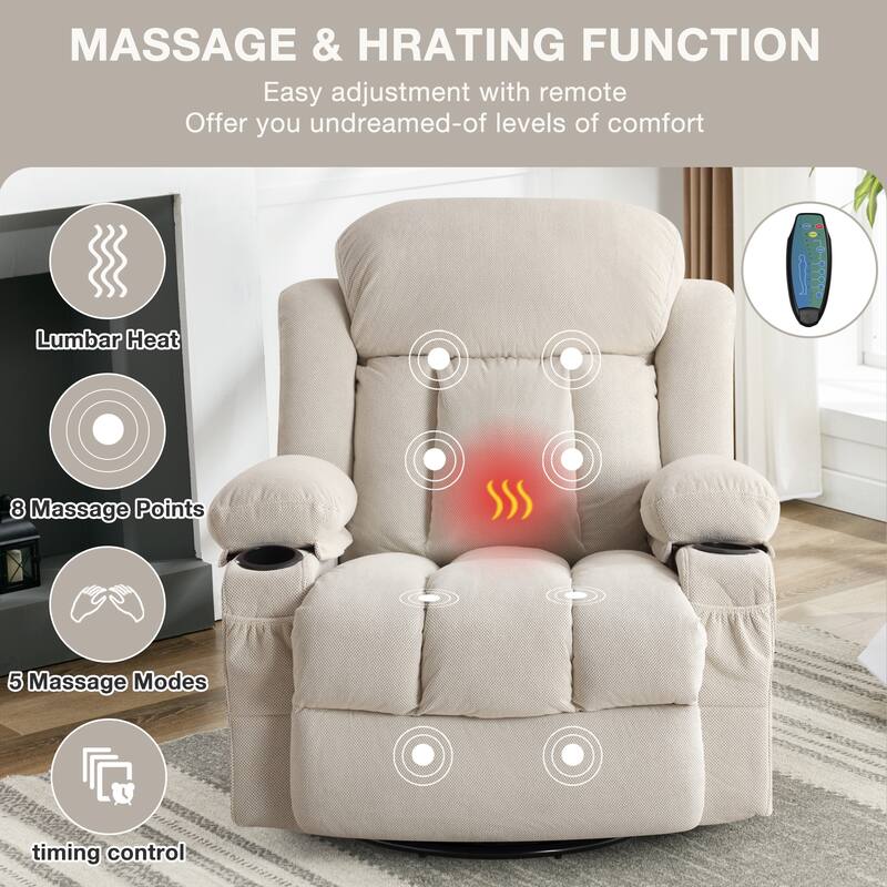 Swinging Recliner Massage Heated Sofa with USB, Cup Holders, Side Pockets, Eight Acupoint Massage