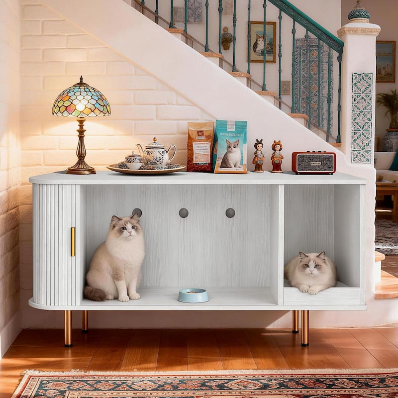 38.5" Cat Litter Box Enclosure with Scratch Pad and Sliding Door,Cat Hidden Litter Box Cabinet,Modern Indoor Cat House,TV Stand - White