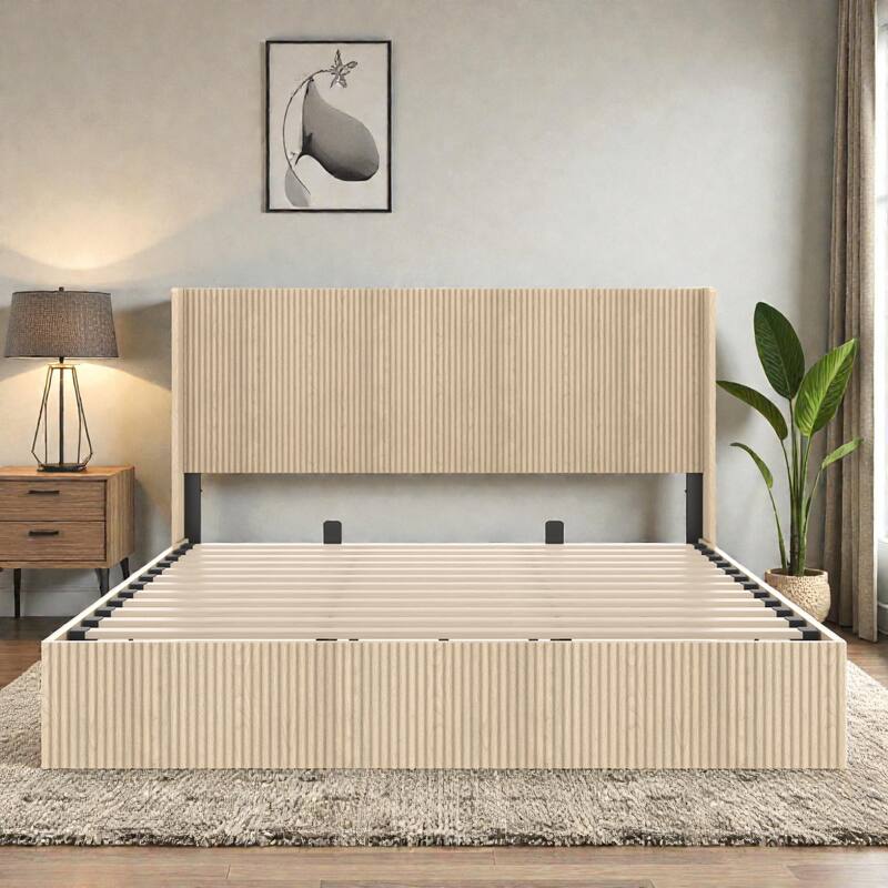 Wood Lift Storage Platform Bed with Raised Headboard, Gas Lift Design, No Box Spring Needed, Queen King