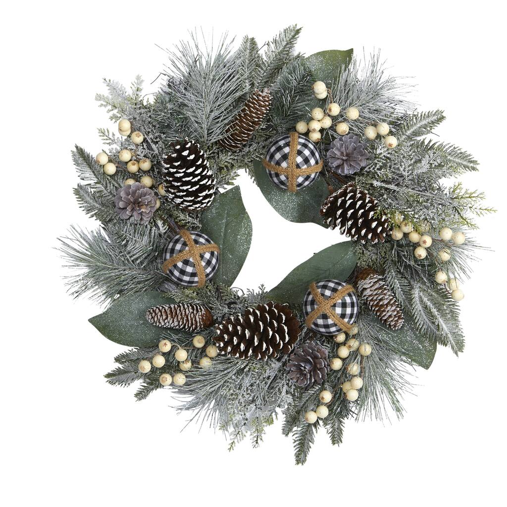 24" Snow Tipped Holiday Wreath with Berries, Pine Cones and Ornaments