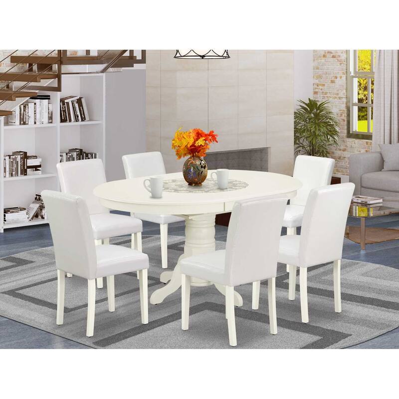 Dinette Set 7Pc Oval Table w/ Leaf & 6 Chairs - White PU Leather - Tuscan Style