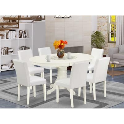 Dinette Set 7Pc Oval Table w/ Leaf & 6 Chairs - White PU Leather - Tuscan Style