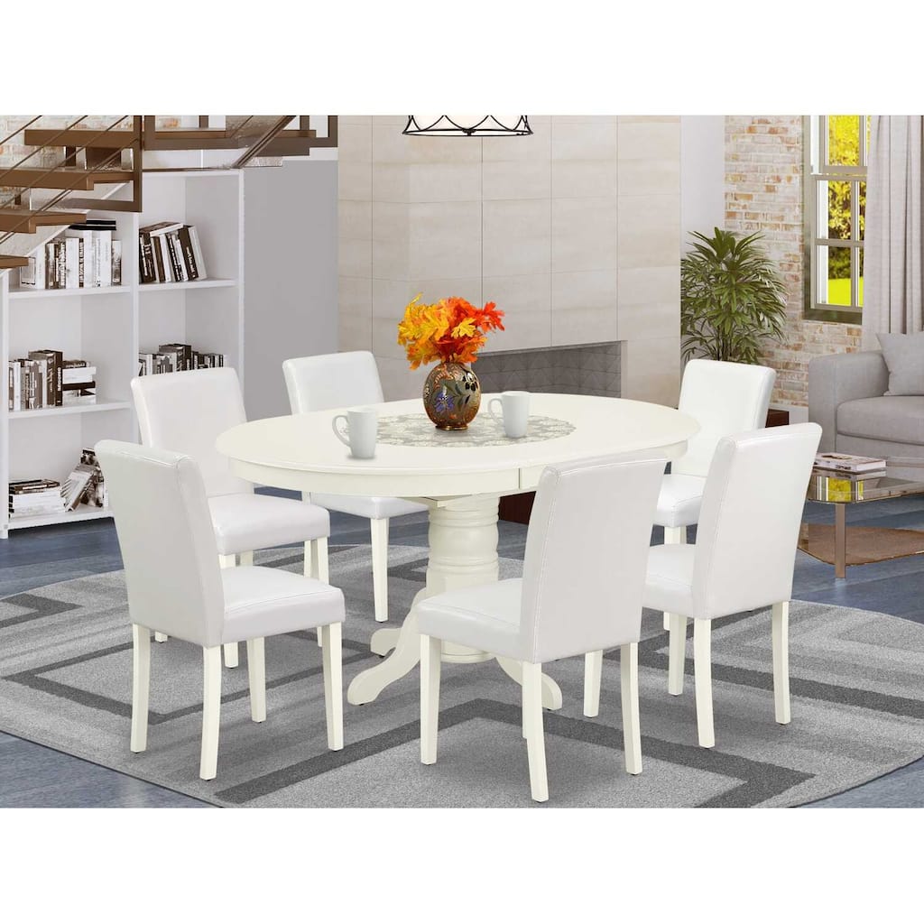 Dinette Set 7Pc Oval Table w/ Leaf & 6 Chairs - White PU Leather - Tuscan Style