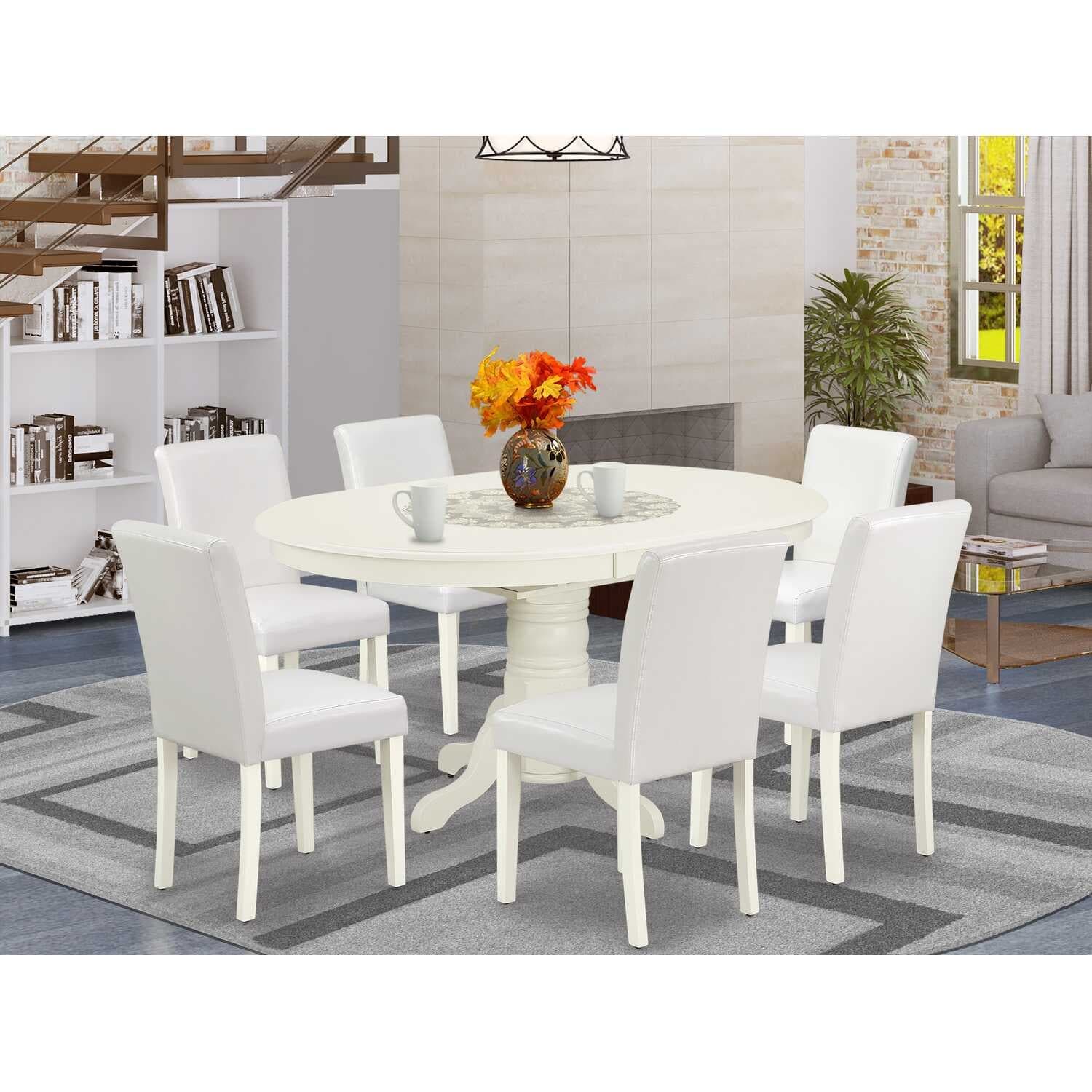 Dinette Set 7Pc Oval Table w/ Leaf & 6 Chairs - White PU Leather - Tuscan Style - White, Linen White