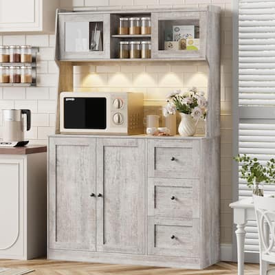 66" Kitchen Pantry Cabinet with Microwave Shelf, Freestanding Hutch Cabinet with 3 Drawers and LED Lights