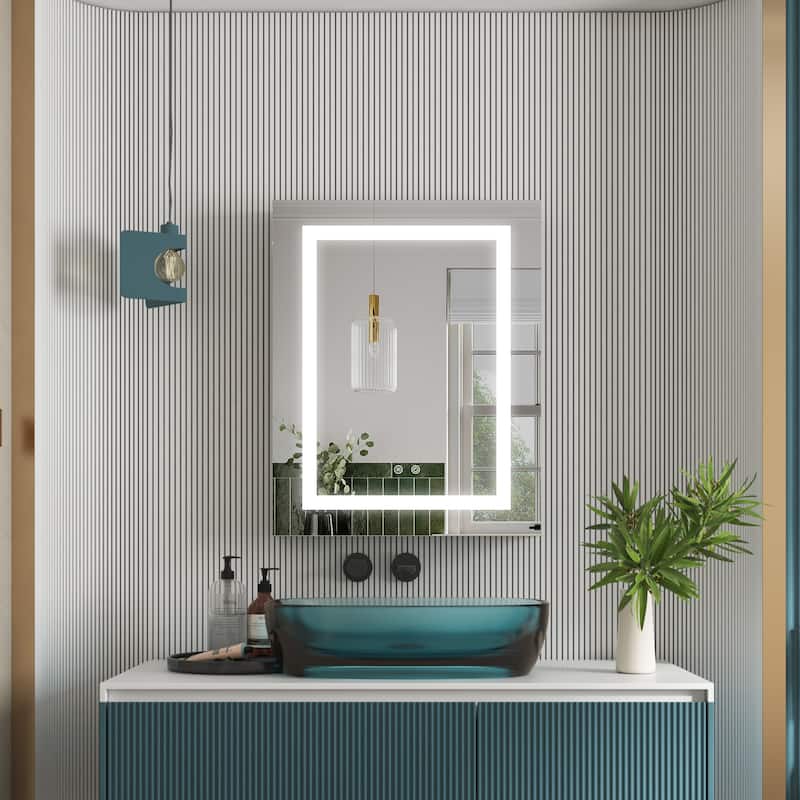 30" H Recessed or Surface LED Mirror Cabinet with Adjustable Glass Shelves,Defogger, Dimmer And Outlets & USB Ports - 24"W X30"H,Right Open