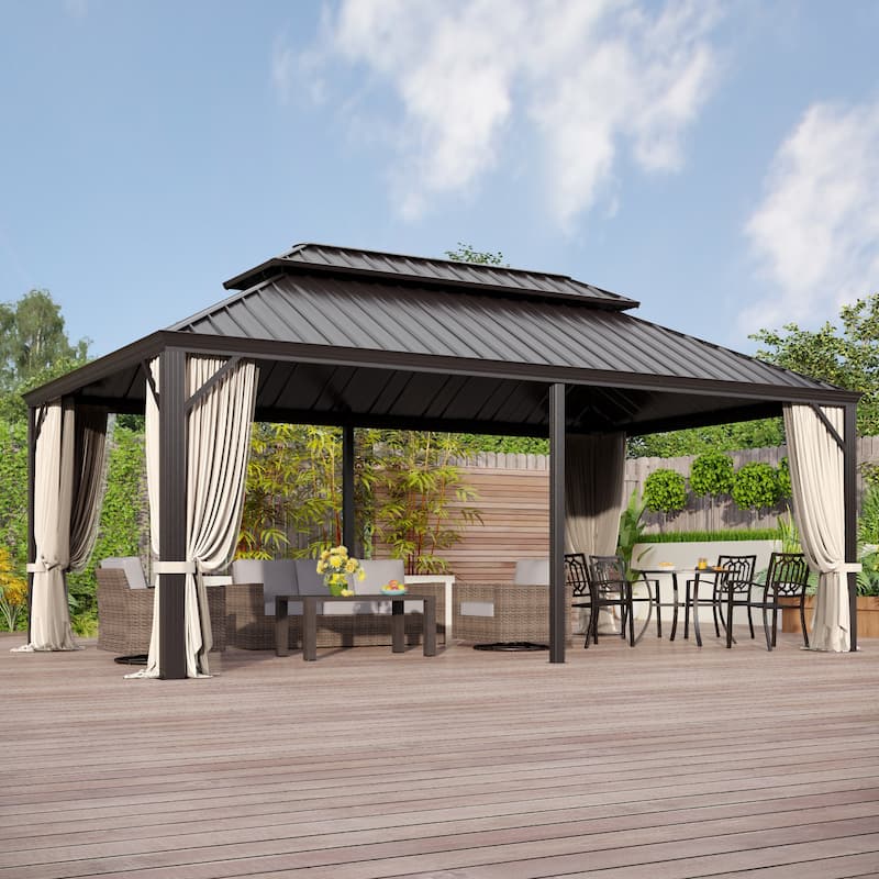 MAISON ARTS 14x20' Hardtop Aluminum Galvanized Steel Double Roof Gazebo with Netting & Curtains
