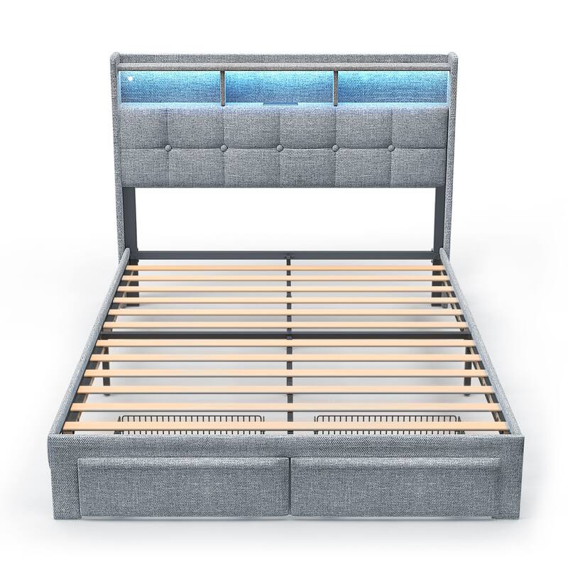 King Size Upholstered Platform Bed with LED Lights, Charging Station & Storage Headboard, No Box Spring Needed