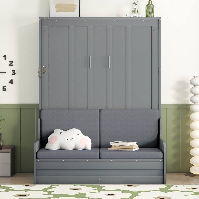 Murphy Wall Bed - Built-in Shelves, Wardrobe & LED Lights, Foldable Design(3 Options) - 02+Queen+Gray - Queen