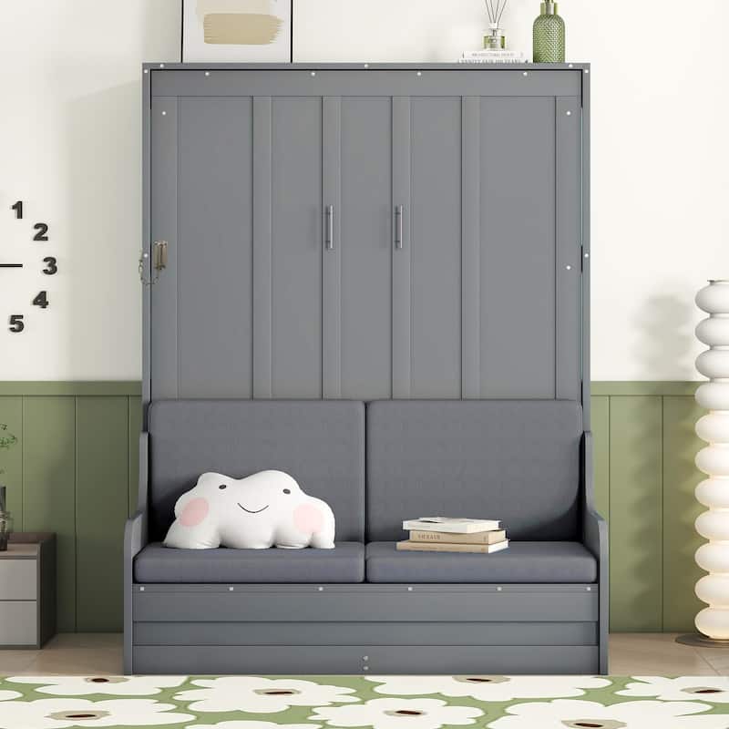 Queen Size Murphy Wall Bed with Foldable Cushion & Space-Saving Design - Gray - Queen