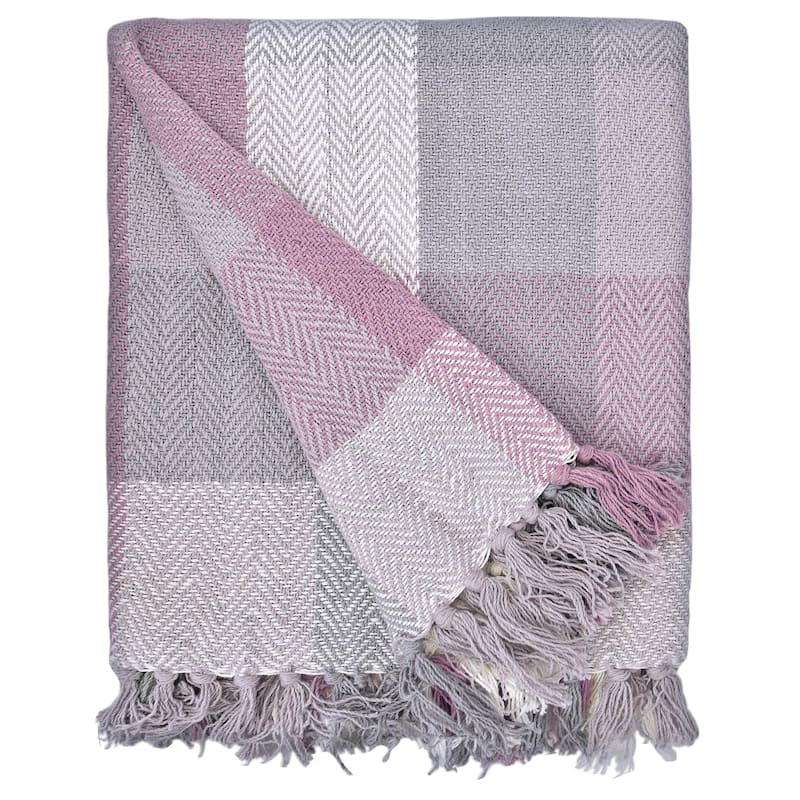 Fabstyles Herringbone Checkered Cotton Throw Blanket with Fringes
