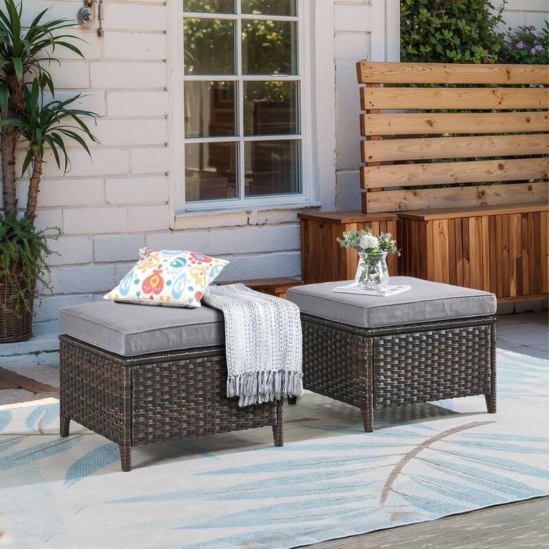 Outdoor Patio Footstool Ottomans with Cushion Brown-Grey - Brown