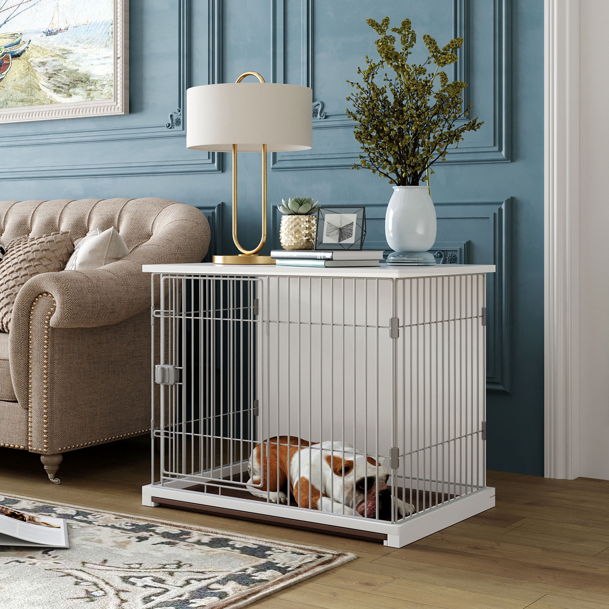 White dog crate furniture deals
