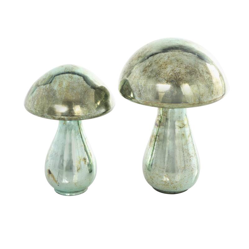 Glass Mushroom Glossy Weathered Decorative Sculpture - Set of 2 Green, Gold, Champane- Roche River Decor - Green - 12", 10"H