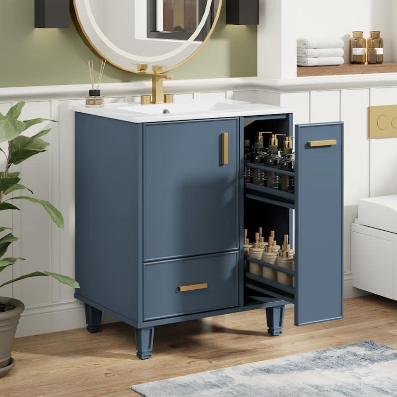 Roomfitters 24" Compact Bathroom Vanity with Ceramic Sink, Solid Wood Frame, 2-Tier Pull-Out Basket and Deep Drawer, Grey