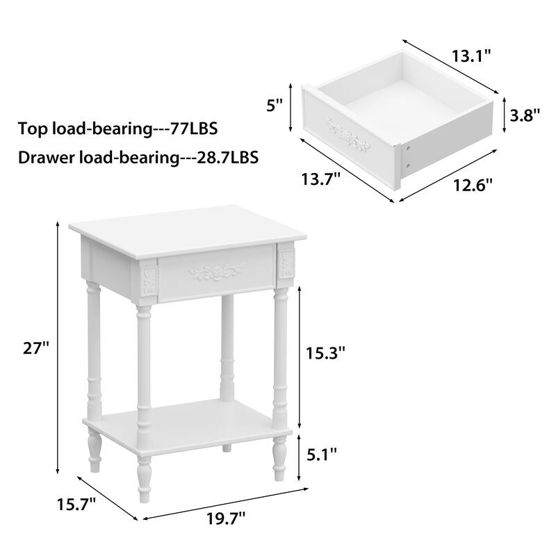 Vintage End Table with Drawer and Shelf, French Style Nightstand with Solid Wood Legs, White Accent Table
