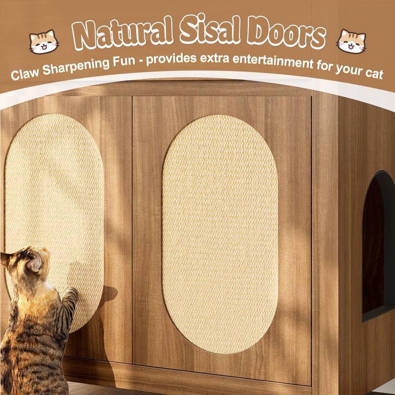 Hidden Cat Litter Box Enclosure Furniture with Scratching Board Doors & Storage Drawer - Wooden Cat House Table