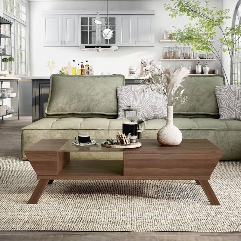 24/7 Shop At Home Mid-Century Walnut 47-inch Glass Insert 1-Shelf Coffee Table