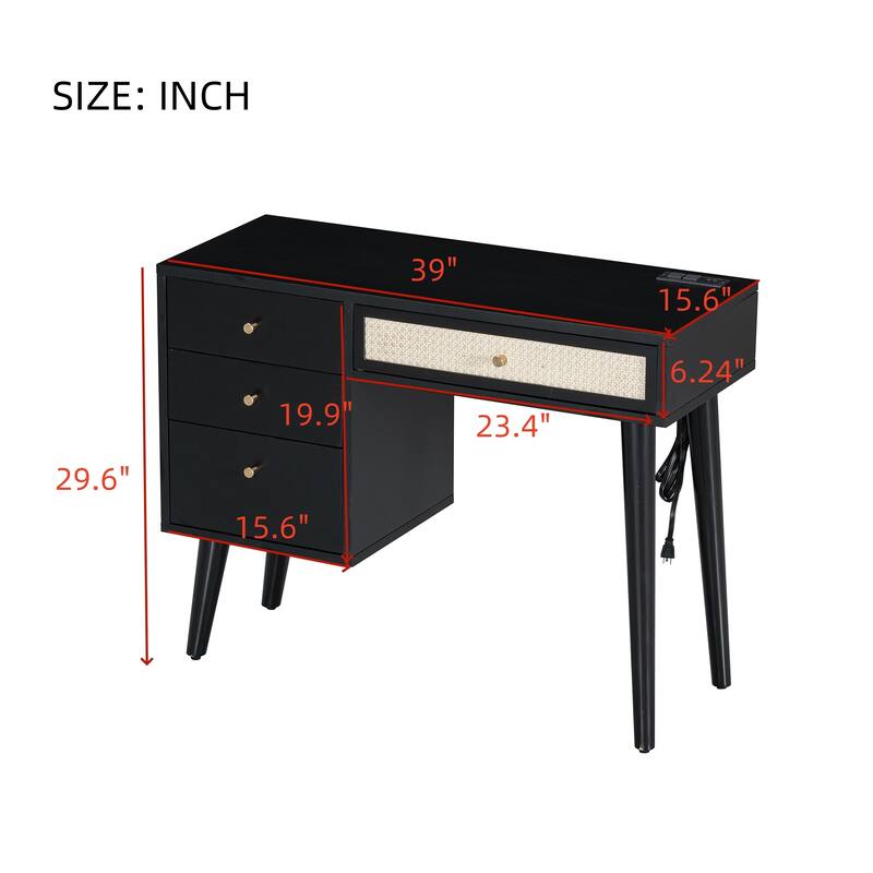 Vanity Set with Rattan Drawers, USB Ports & Stool