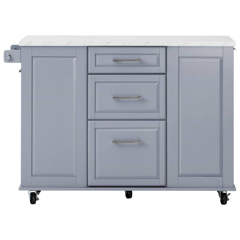 50.7" Kitchen Island with Drop Leaf, Pull Out Cabinet Organizer, Rolling Wheels, Trash Bin and 2 Drawers