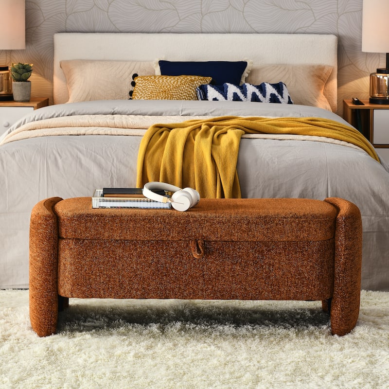 Ottoman Storage Bench Chenille Fabric Bench with Large Storage Space - Brown