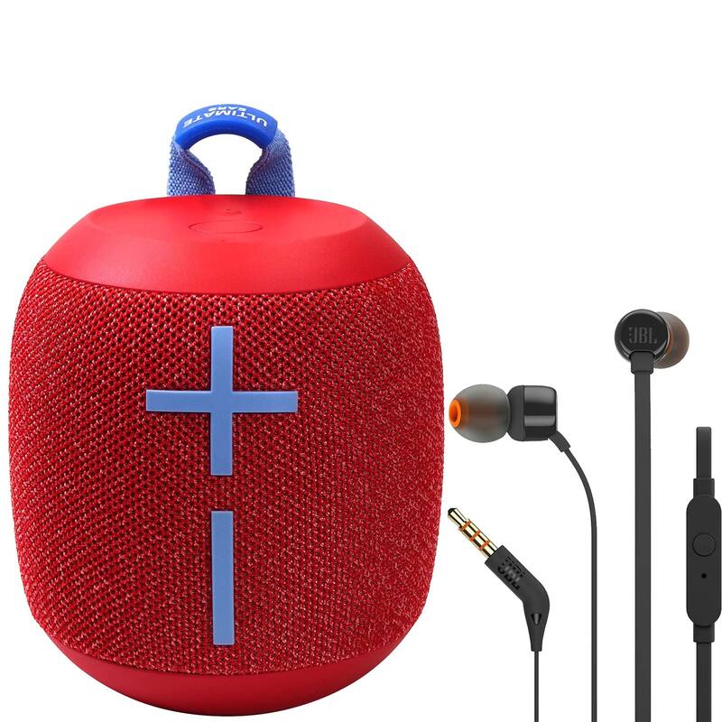 Ultimate Ears WONDERBOOM 2 Portable Bluetooth Speaker (Radical Red) + JBL T110 in Ear Headphones Black - Red