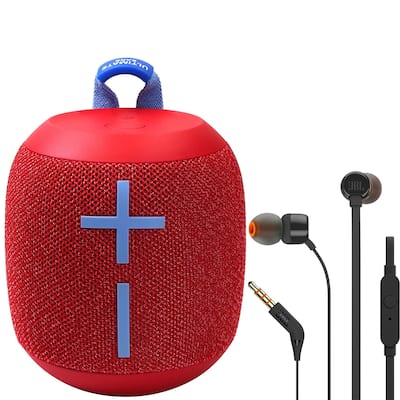 Ultimate Ears WONDERBOOM 2 Portable Bluetooth Speaker (Radical Red) + JBL T110 in Ear Headphones Black