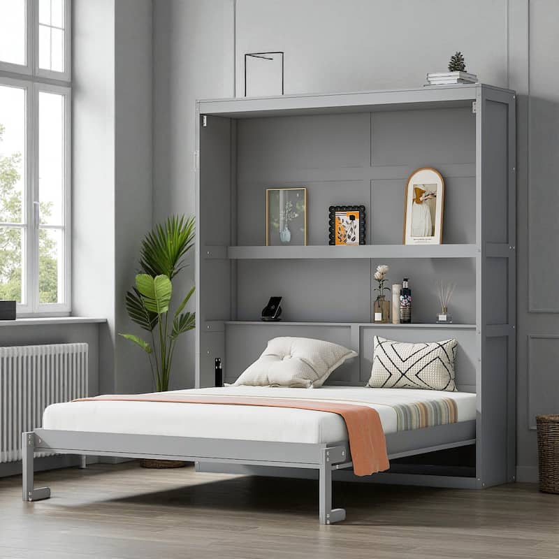 Queen Size Murphy Wall Bed with Shelves, Foldable Cabinet Bed with Storage, Space-Saving Wall Bed for Home Office