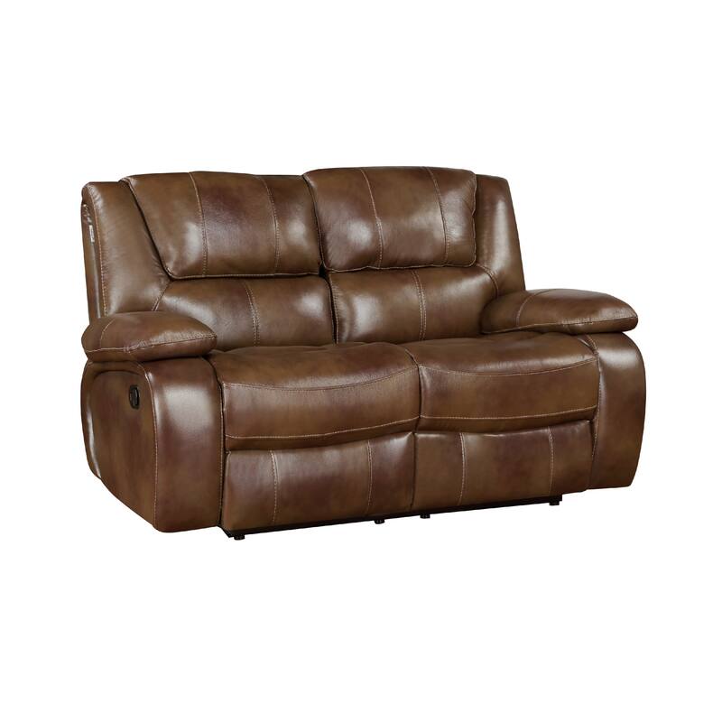 Licot Manual Double Recliner Loveseat, Glossy Brown Leather, 64 Inch