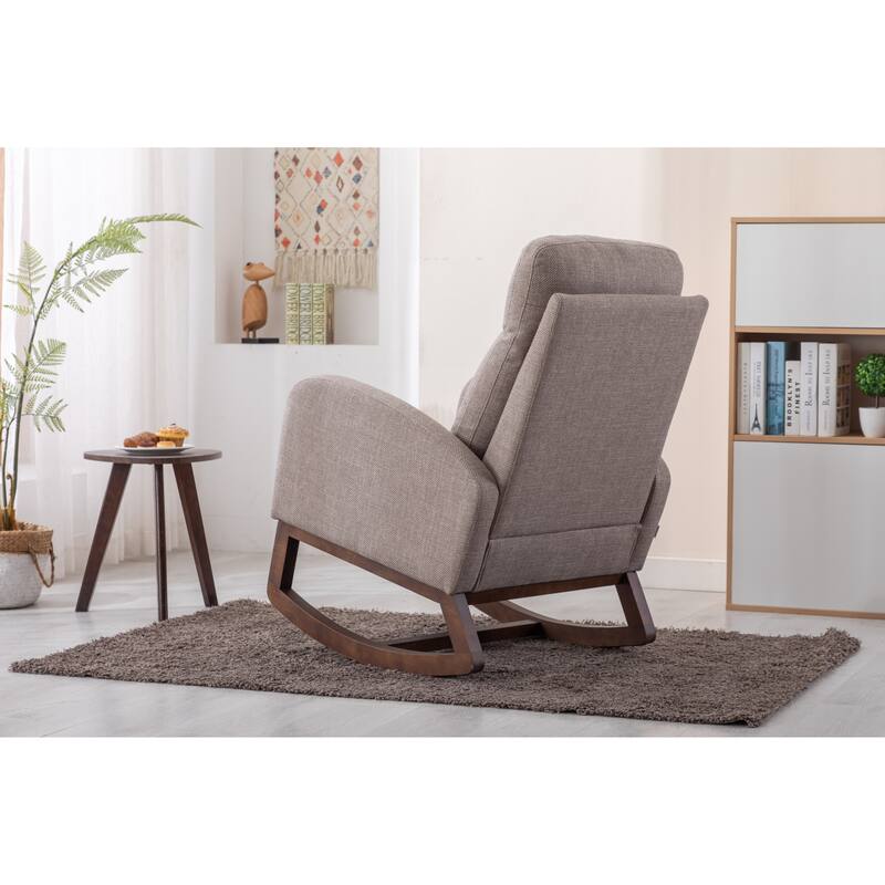 Modern Accent Upholstered Rocking Rocker High Back Arm Chair with Wooden Frame Side & Pockets for Living Room